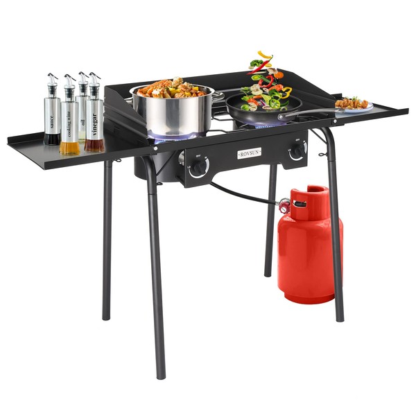 ROVSUN 2 Burner Gas Stove with Side Shelves, 150,000 BTU Portable Propane Stove with Removable Legs, Wind Panels & Regulator for Camping Home Backyard Cooking Brewing Canning Turkey Frying