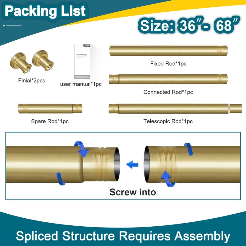 ZYRW Gold Shower Curtain Rod 36-68 Inch(3-5.6ft) Never Rust No