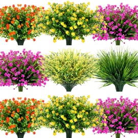 Tigeen 36 Bundles Artificial Flowers for Outdoor UV Resistant No Fade Fake Plastic Flowers Greenery Shrubs Plants for Wedding Garden Patio Porch Window Home Hanging Decor