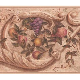 CONCORD WALLCOVERINGS ™ Wallpaper Border Damask Pattern Vine Fruits on Vintage Wall for Kitchen Dining Area, Brown Beige Green Purple Red, 10.5 Inches by 15 Feet PZ1171B