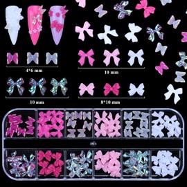 2 Boxes 3D Flower Nail Charms White Pink Flowers for Nails 3D Colorful Crystal AB&Transparent Bow Butterfly Charms for DIY Nail Art Decoration Making Craft