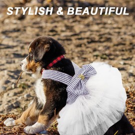 Bowknot Striped Mesh Vest Pet Dog Dresses Dog Princess Dress Wedding Lace Dress for Pomeranian Chihuahua Small Breed Dogs Cats Doggy （Blue）