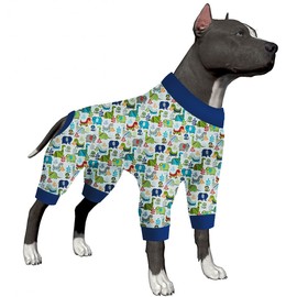 LovinPet Dog Pjs Large - Large Dog Pjs, Lightweight Stretchy Fabric,White Dinosaur Allover Print, Dog Jumpsuit, Pet Anxiety Relief Shirt, Easy to Wear Dog Costume, Party Shirt,Blue Grey XXL