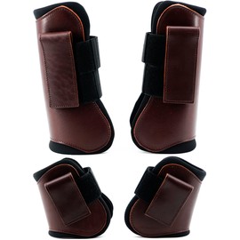 QMYBROW Horse Tendon Brushing Boots Open Front & Fetlock Boot | Protective Gear and Training Equipment |Neoprene,Breathable Waterproof Fabric and Genuine Leather | 4 Set (Coffee, Full (Large))