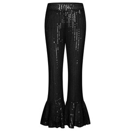 GRACE KARIN Girls Sequin Pants Black Sparkling Trouser Sparkle Dance Bell Bottoms Size 6-7