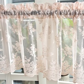 Kotile Blush Pink Sheer Valance Curtain for Windows, Country Rustic Floral Farmhouse Valance Curtain Panel, Light Filtering Rod Pocket Vintage Lace Valance for Girls Room, 52 x 18 Inch, 1 Panel, Blush