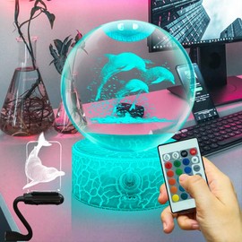 Fanrui 3D Crystal Dolphin Night Light with LED Base – Dimmable USB Table Lamp, 3.15" Glass Ball, Remote Control | Unique Birthday & Christmas Gifts for Women, Men, Kids, Lovers | Home Decor Ornament