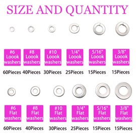 304 Stainless Steel Washers 6# 8# 10# 1/4'' 5/16'' 3/8'' Split Lock Washer and Flat Washer Assortment-370PCS