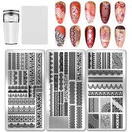 PH PandaHall 3pcs Lace Trim Nail Stamping Plates Flower Lace Nail Art Templates Retro Texture Manicure Stamper French Tip Nails Plates with Stamper and Scraper for Women DIY Manicures Salon Design