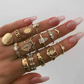 TseenYi Boho Ankle Rings, Gold Crystal Ankle Finger Rings, Hollow Stackable Joint Rings Set, Vintage Midi Rings, Hand Jewellery for Women and Girls (Gold 1)