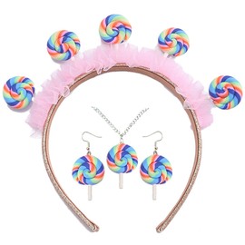 Tahonuss 4 Pcs Sweet Costume Accessories Set Includes Cute Lollipop Headband Necklace Earrings Rainbow Striped Candy Outfits (Rainbow-Blue)