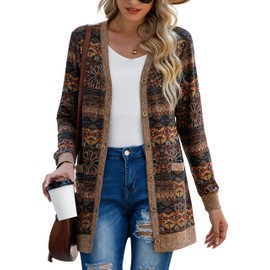 GRECERELLE Womens Cardigan Long Sleeve Open Front Cardigans Button Down V Neck Ribbed Knit Lightweight Outerwear with Pocket (Round Flower Brown M)