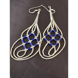 Native American Blue Lapis 3 Strand Heishi Liquid Sterling Silver Dangle Earrings 17737