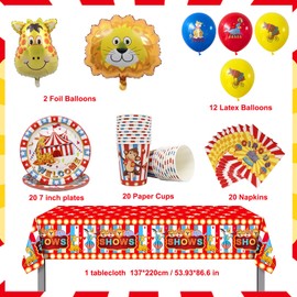 Doyomtoy 75 Pieces Circus Children's Birthday Tableware Set, Red and White Striped Tent, Party Decorations Circus Tableware Plates, Cups, Napkins, Balloons, Tablecloths, Party Decorations