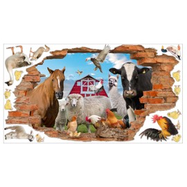Farm Animals Wall Stickers 3D Broken Wall Decals Peel and Stick Farmhouse Wall Art Decor Cartoon Animal Wall Decals Funny Cow Decals Peeking Horse Rooster Vinyl Stickers for Living Room Kitchen Decor