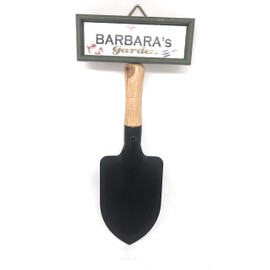 "Welcome to Barbara's garden" hanging shovel sign