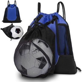 KAEGREEL Drawstring Soccer Bag for Boys Girls, Foldable Basketball Football Backpack Versatile Sports Bag with Detachable Ball Mesh Bag for Gym Volleyball Baseball Yoga, Blue