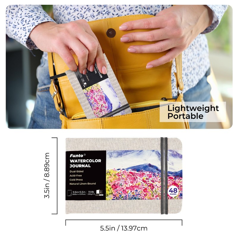 Funto Watercolor Journal, 3.5x5.5", 48 Pages Each, Cold-pressed, Inner Pocket,