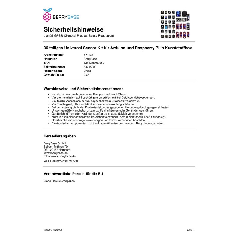 BerryBase 36-Piece Universal Sensor Kit for Arduino and Raspberry Pi