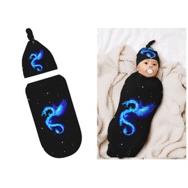Fire Dragon Starry Sky Baby Stuff Newborn Swaddle and Hat Set Stretchy Soft Funny Baby Receiving Blanket Gifts for Infant Baby Boy Girl