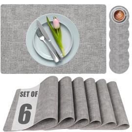 VUNKQU Placemats with Coasters Set of 6, Faux Leather Heat Resistant Square Placemat, Waterproof & Wipe Clean & Anti Slip Dining Table Place Mats for Kitchen/Dining/Holiday - 11.8" x 17" - Light Grey
