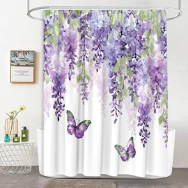 JEJOMEAG Purple Floral Butterfly Shower Curtain Vine Wisteria Blossom Watercolor Flowers Botanical Rustic Farmhouse Fabric Bathroom Curtain with Hooks, 70Wx70H