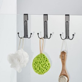 MOKIUER Shower Door Hooks, Over Glass Door Hook for Bathroom, Double Robe Towel Hooks Suit for Frameless Glass Shower Door 0.39" (10 mm) Stainless Steel Black, 3 Pack
