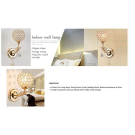 WeFoonLo Modern Crystal Wall Light Pendent Lamp Chrome Finish Bedroom Sconce Lighting Fixture with Pull Cord Switch, E14 Socket (Gold)