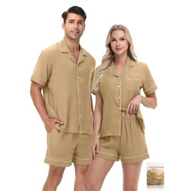 YOPUGEE Mens Plus Size Pajama Set Summer Pajama Set Short Sleeve Button Up Pjs 2 Piece Lightweight Sleepwear Khaki XXXL