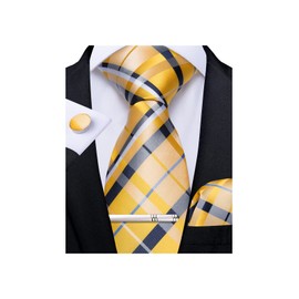DiBanGu Classic Yellow Check Plaid Tie Set for Men Woven Necktie Pocket Square Cufflink Tie Clip Formal