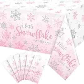 6Pcs Winter Snowflake Tablecloth, Little Snowflake is On the Way Baby Shower Plastic Pink Tablecloth, Winter Wonderland Baby Shower Decorations for Winter Onederland Princess Gender Reveal, 54x108Inch