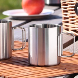 com-four® 2 x Stainless Steel Coffee Mugs, 300 ml per Cup, Thermal Drinking Cup Made of 304 Stainless Steel with Folding Handle, Double-Walled Insulated Cup, BPA-Free (Silver, 300 ml, Pack of 2)