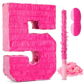 Pink Number 5 Pinata for 5th Birthday Party Decorations, Perfect for 5th Birthday Party Supplies, Fiesta, Anniversary Celebration Birthday Pinata with Stick Blindfold Confetti Large 16 x 11.8 x 3.2 In