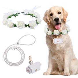 NICENEEDED 3 Pcs Dog Wedding Collar Flower Set, Pearls Beaded Dog Leash Wedding Ring Bearer Wedding Ring Holder, Pouch Box Adjustable Dog Neck Bow Tie for Pet Wedding