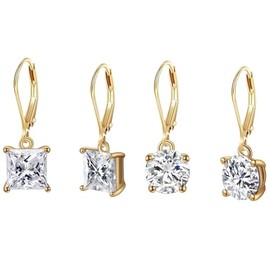 Gemsme Hook-Clasp Drop & Dangle Earrings | Princess and Round Cut Cubic Zirconia Gold Hypoallergenic Drop Dangle Earrings for Women & Mom - 2 pairs Gold