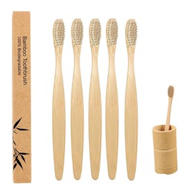 NOVOTEND - 5 Pack Cepillo de dientes de bambu cerdas suaves - Cepillos de dientes Biodegradables y Ecológicos de Bambu - Paquete con 5 piezas de cepillo de dientes de bambo libre de BPA