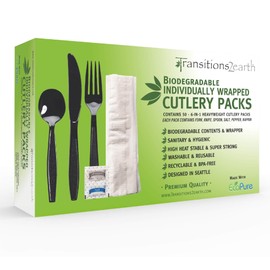 Transitions2earth Biodegradable EcoPure 6-in-1 Heavyweight Cutlery/Utensil Packs - 50 Packs - Contains: Fork, Knife, Spoon, Napkin, Salt, Pepper - Individually Wrapped - Earth-Friendly, Heavy Duty