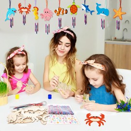 Wooden Ocean Animals Wind Chime Kit Make Your Own Sea Animal Crafts Coloring DIY Wind Chime kit for Summer Activities Birthday Favor School Home Art Party Decorations 9 Pack