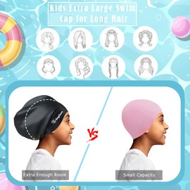 Kids Extra Large Swim Cap for Long Thick Hair Braids and Dreadlocks, Waterproof Silicone Keep Hair Dry Swimming Caps for Toddler Child Youth Girls Bath Pool Shower Cap 2Pack