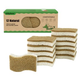 12 Pack Non Scratch S-Shaped Natural Kitchen Sponges - Biodegradable & Compostable Cellulose with Coconut Fiber - Eco Friendly Dish Sponges for Pots, Pans & Household Cleaning