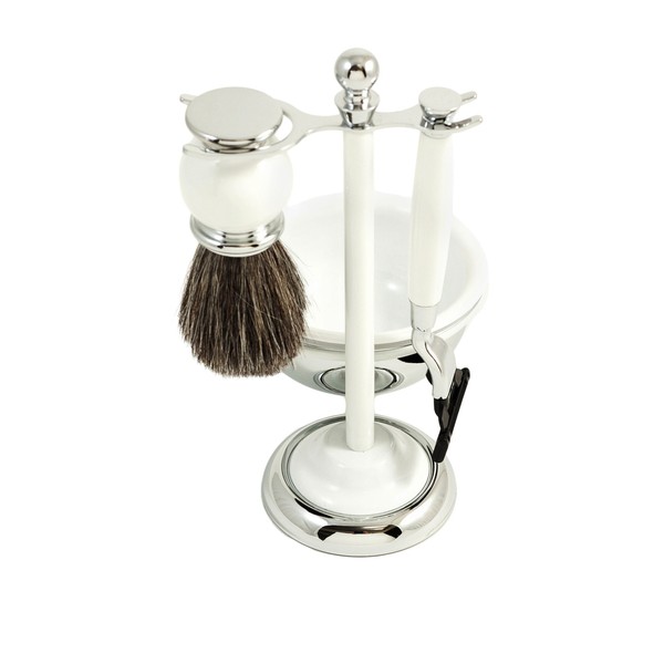Four Piece Shave Set with Pure Badger Brush & Chrome Shaving stand by Bey-Berk