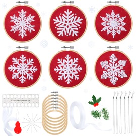 Roowest 6 Sets Christmas Embroidery Kits for Beginners Adults Winter Snowflakes Cross Stitch Kit Christmas Tree Ornament DIY Craft Needlepoint Set with Patterns Threads Needle Rope Ribbon(Red)