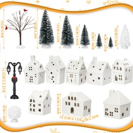 Cindeer 26 Pcs Ceramic Christmas Village Set, 8 LED Christmas Village Houses, 16 Christmas Trees Farmhouse 2 Lamp Post Christmas Scenes Decor White Christmas Tabletop Decoration (Classic)