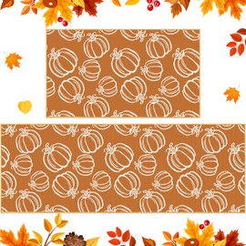 Tinideya Orange Pumpkin Fall Kitchen Mats Set of 2 Thanksgiving Decorative Rugs Seasonal Autumn Home Decor Non Skid Washable Farmhouse Low Profile Fall Kitchen Rugs for Floor, 17 x 29 + 17 x 47