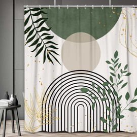 Boho - Cortina de ducha de color verde salvia, abstractas bohemias de mediados de siglo, juego de cortinas de ducha con estampado artístico de hojas de palma, accesorios de baño, tela impermeable, 12