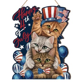 Independent Day Decoration Cute Cat Decorations Door Hanger for Outdoor Farmhouse Porch Front Door Irregular Shape Door Sign Hanging Door Flag Decor Wooden Sign Door