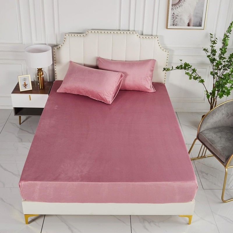 Fleece Fitted Sheet, 200 x 200 cm, Dusky Pink, Plush,