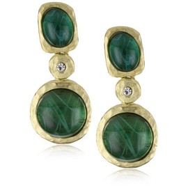 Kenneth Jay Lane Satin Gold Clip-On Button or Drop Earrings with Crystal and Flawed Emerald Resin Stones (Drop)