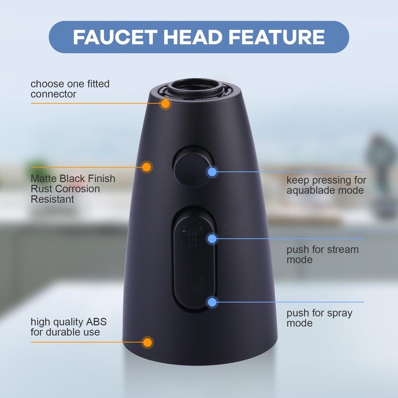 WOWOW Kitchen Faucet Head Replacement Matte Black，3 Function Pull Out