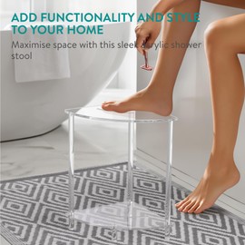 Navaris Corner Shower Foot Rest & Seating - Clear Acrylic Bench & Shelves - Versatile Waterproof Shower Stool for Shaving Legs - Plastic Corner Chair and Shelf for Inside Shower